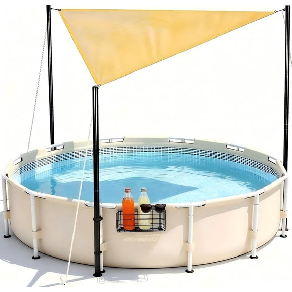 Pool Canopy for Above Ground Pools with Metal Storage Basket Outdoor Shade Sail, UV-Resistant Sun Shade Patio Shade with Wind Ropes Stakes,Fit for 15-22 Ft Pools (13x13x13 Ft)
