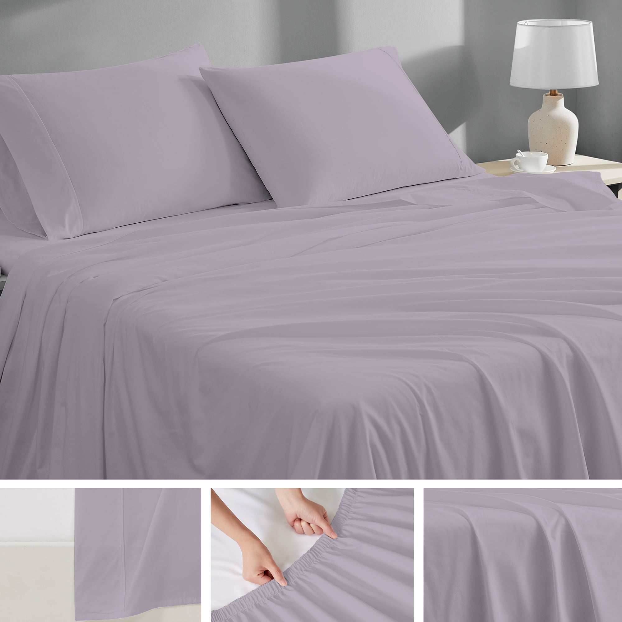 Purity Home 100% Organic Cotton Brushed Percale, Breathable, Super Soft, & Cozy 4-Piece Bedsheet Set, King, Lavender