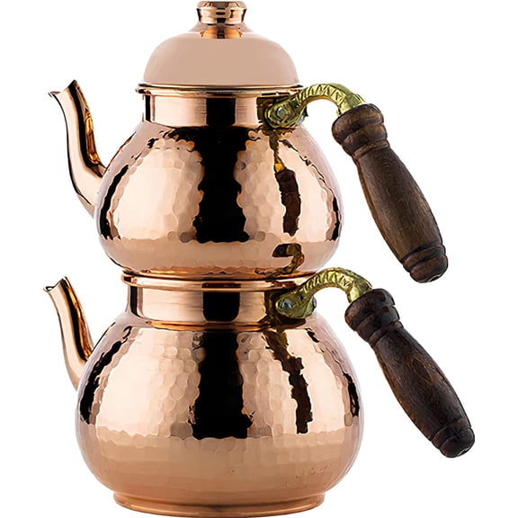Handmade Copper Turkish Tea Pots, Hammered Samovar Style Vintage Tea Kettle Pot with Brass and Wooden Handle, Thickest Copper Double Teapot Set for Stovetop