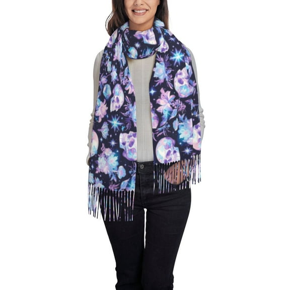 Cauagu Skull crystal flower Print Women Wrap Shawl tassels Scarves Retro Scarf 77.6"X28.3"