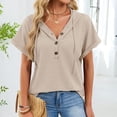 thumbnail image 4 of Yigetop Short Sleeve Sweatshirt Women's Summer Hoodies Short Sleeve Button V Neck Lightweight Drawstring Hoodies Summer Hoodies for Women Beige L, 4 of 7