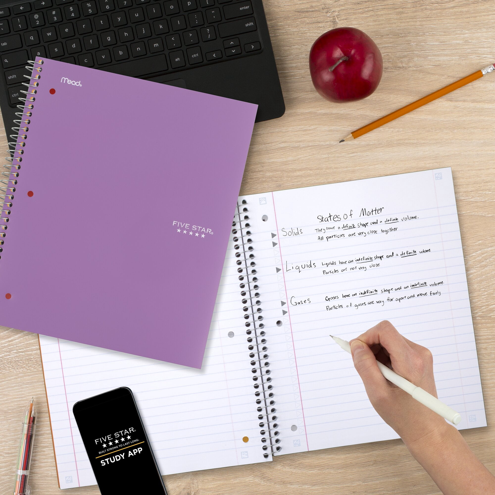 (4 pack) Five Star Spiral Notebook + Study App, 5 Subject, Wide Ruled, 8" x 10.5", Amethyst