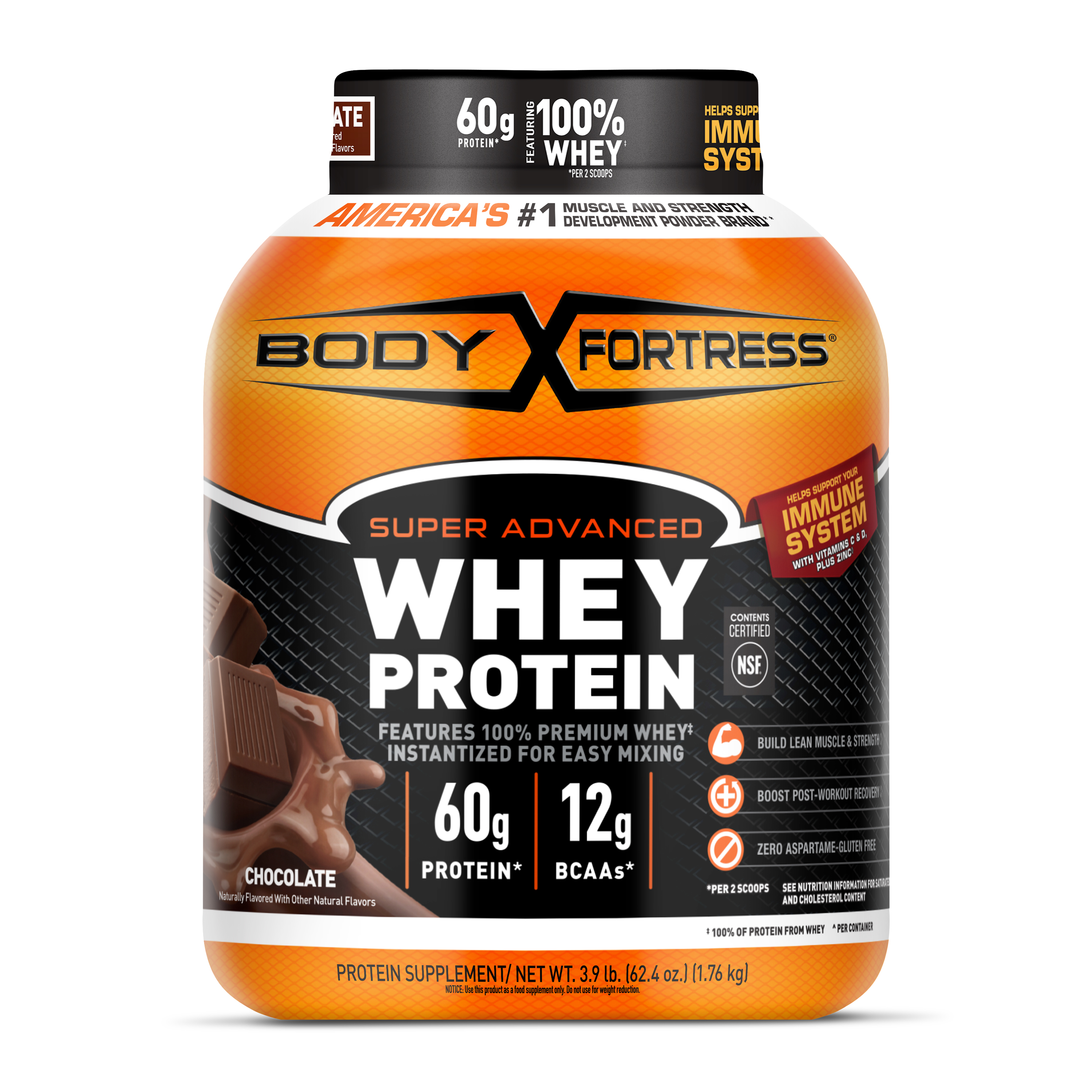 Body Fortress Super Advanced Whey Protein Powder, Chocolate, 60g Protein, 3.9 lbs (1,769 g) (Packaging May Vary)