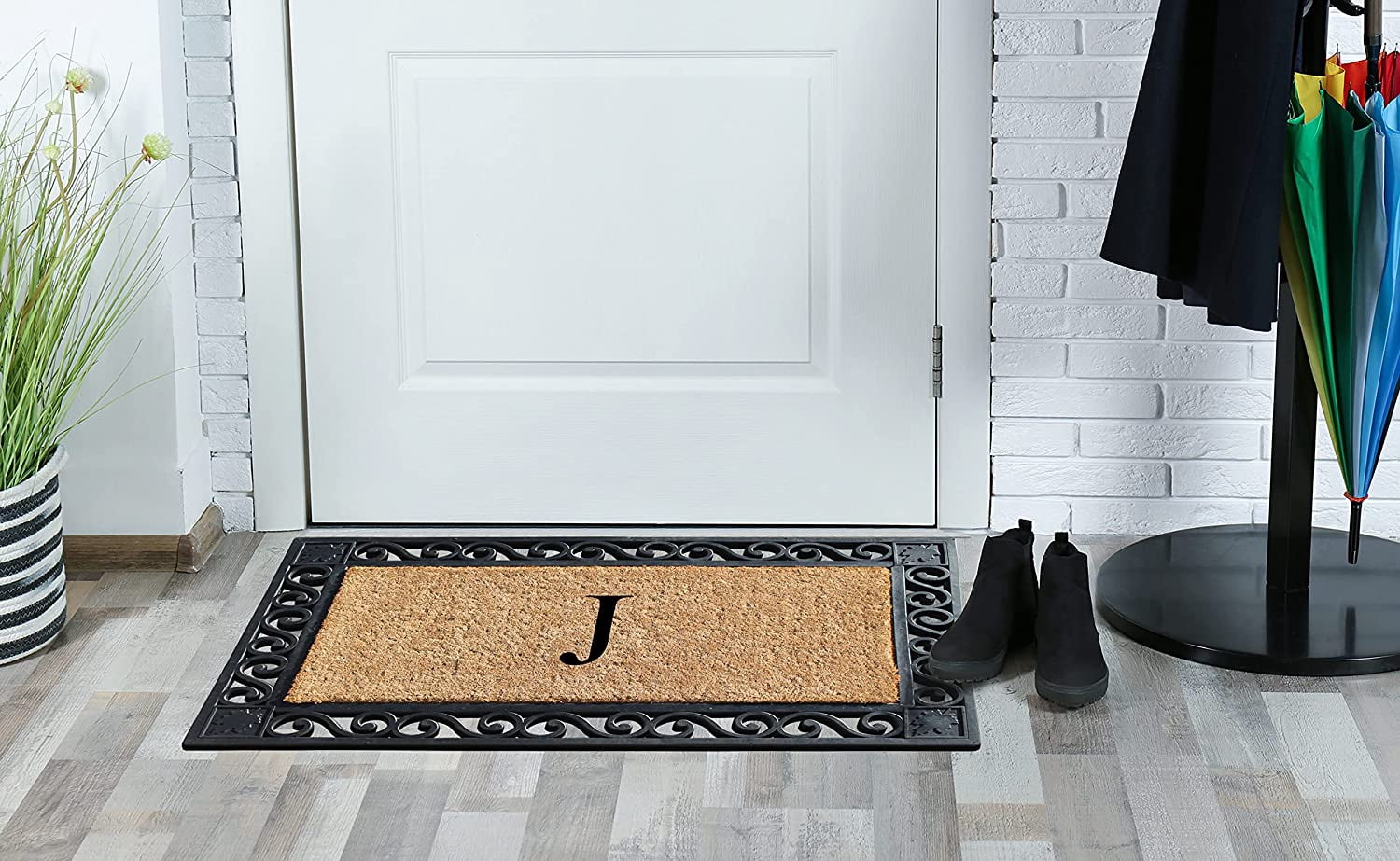 A1HC Natural Coir and Rubber Paisley border Monogrammed Doormat, Anti-Shed Treated Durable for Outdoor Entrance , 23"X38", Black