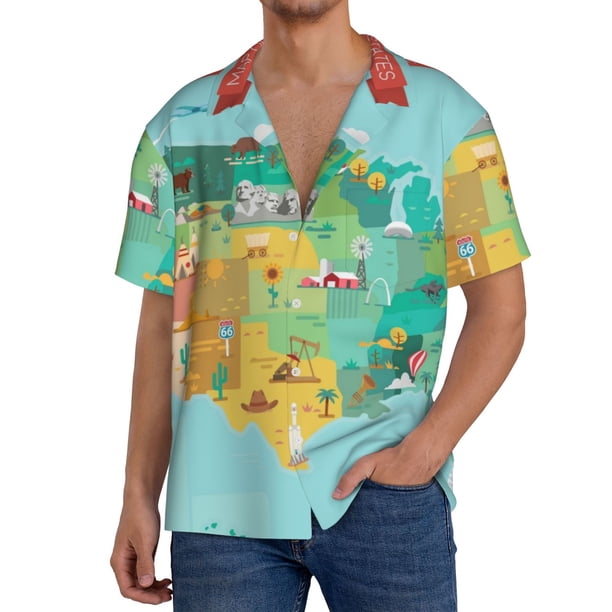 Balery USA Tourist Map Camisa Casual de Manga Corta con Botones para Hombre, Texturizada, Estilo Cubano, para Playa, Verano-X-Large