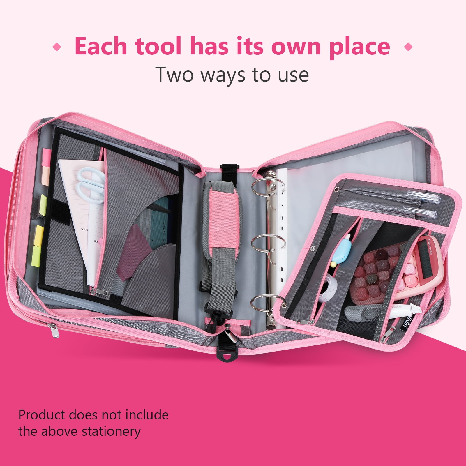 ViVin Zipper Binder 2 Inch O-Ring 450 Sheet Capacity, Multiple Tap and Zip Pockets, Office Supplies, Pink