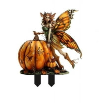 Nmdmisc Halloween Garden Fairy Figurines Sitting on The Pumpkin,Polyresin Fairy Witch Figurine,Mini Fairy Garden Decor,Halloween Theme Gift, Home Decoration and Collectibles