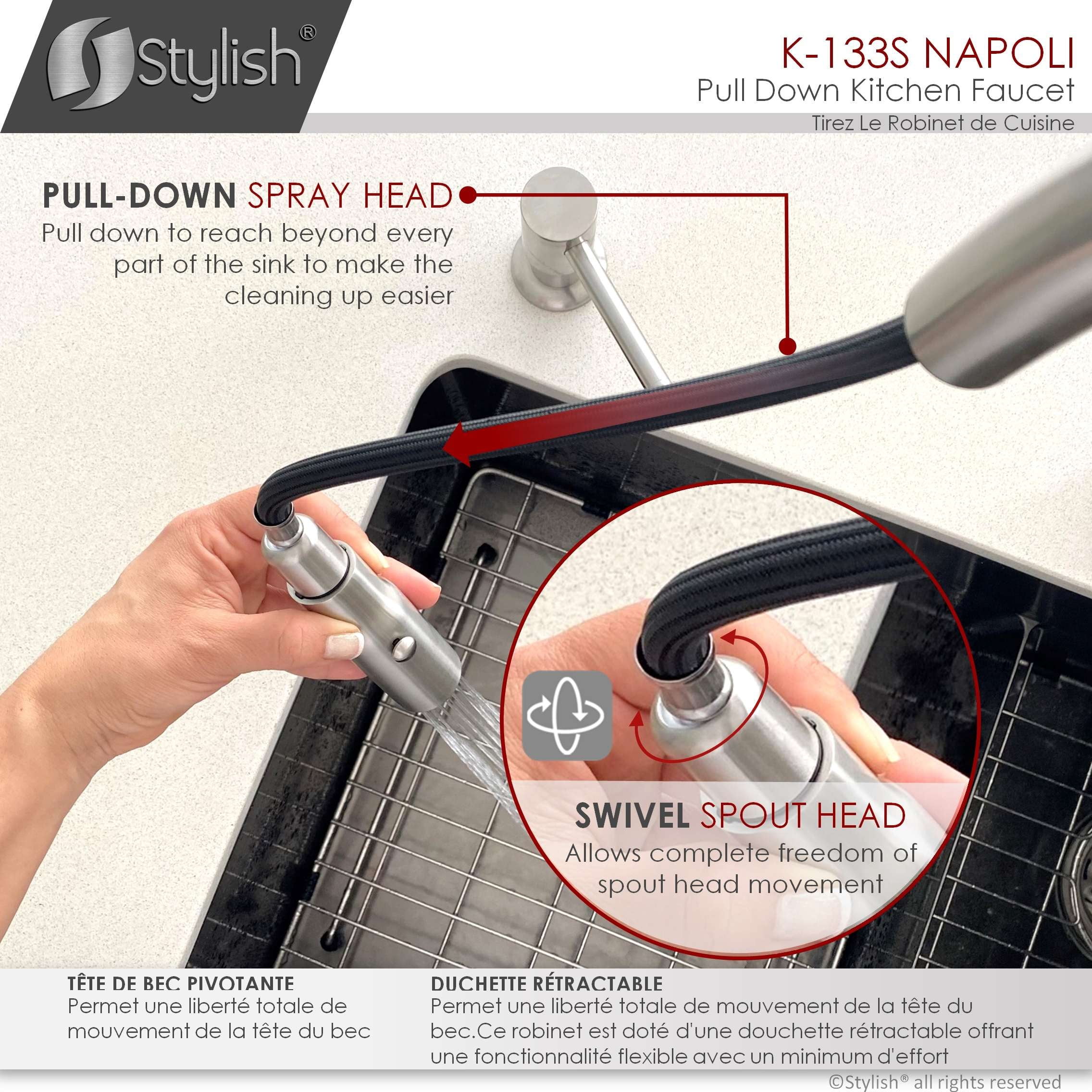 Stylish Napoli Single Handle Brushed Stainless Pull Down Kitchen Faucet K-133S