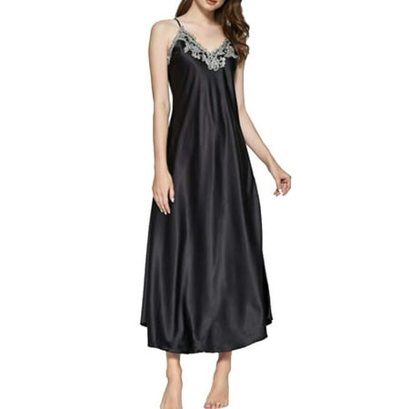 

Youweixiong Women Satin Long Nightgowns Lace Sexy V Neck Nightwear Sleepwear Sleeveless Sleepshirts