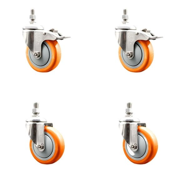 4 Inch 316SS Orange Poly ½ Inch Threaded Stem Caster Set 2 Brake SCC