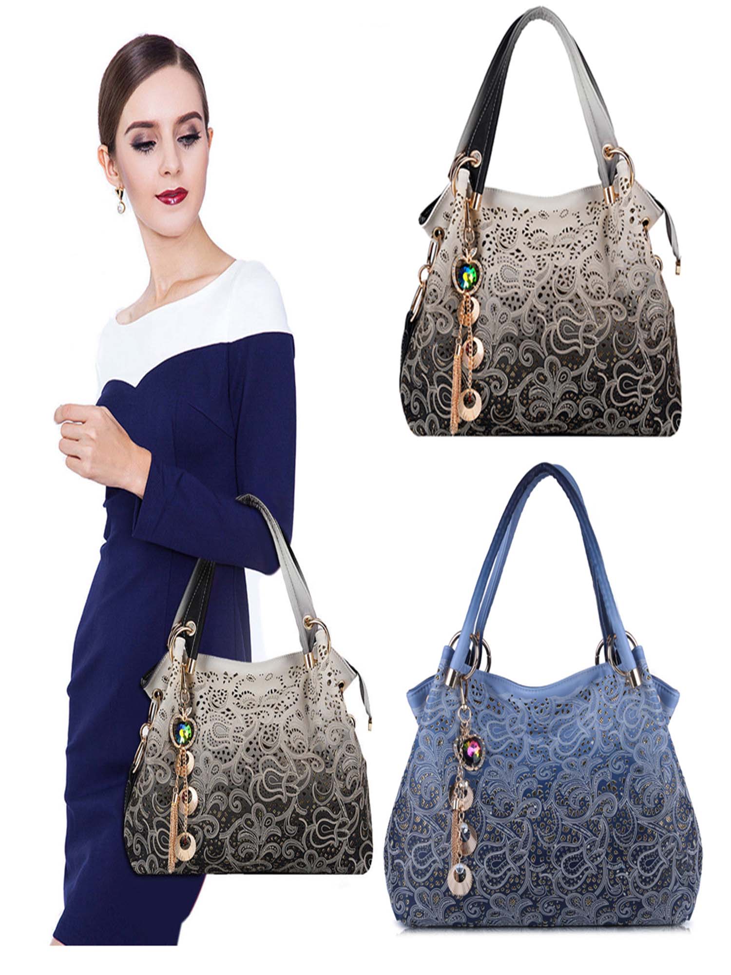 Handbags for Women, Peaoy Faux Leather Purse Ladies Handbag Vintage Designer Handbags Shoulder Bag Hollow Out Design with Fine Pendant Fashion Tote Bag - image 4 of 8