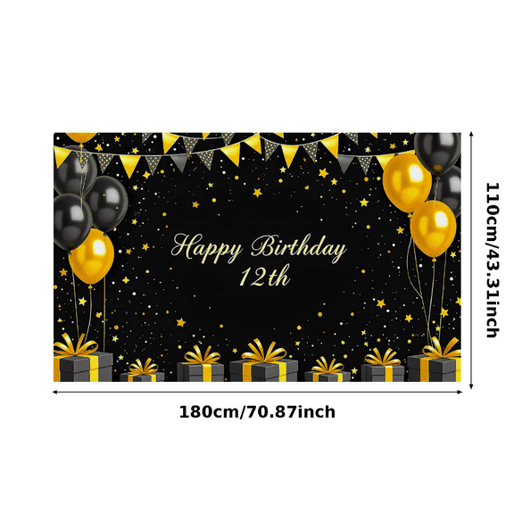 Black Gold Themed Happy Birthday 12th Backdrop Banner with Balloons Stars and Gifts Party Decoration Photography Prop for Birthday Parties Celebrations and Photo Booths