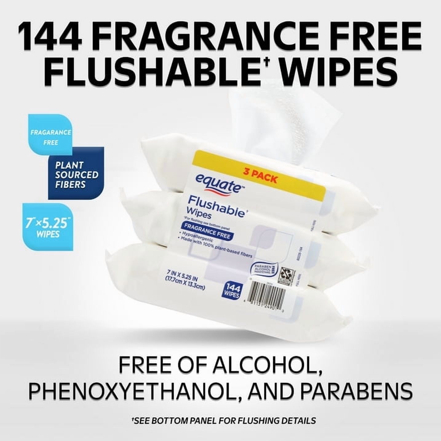 Flushable Wet Wipes, Fragrance Free, 144 Wipes (3 Pack)