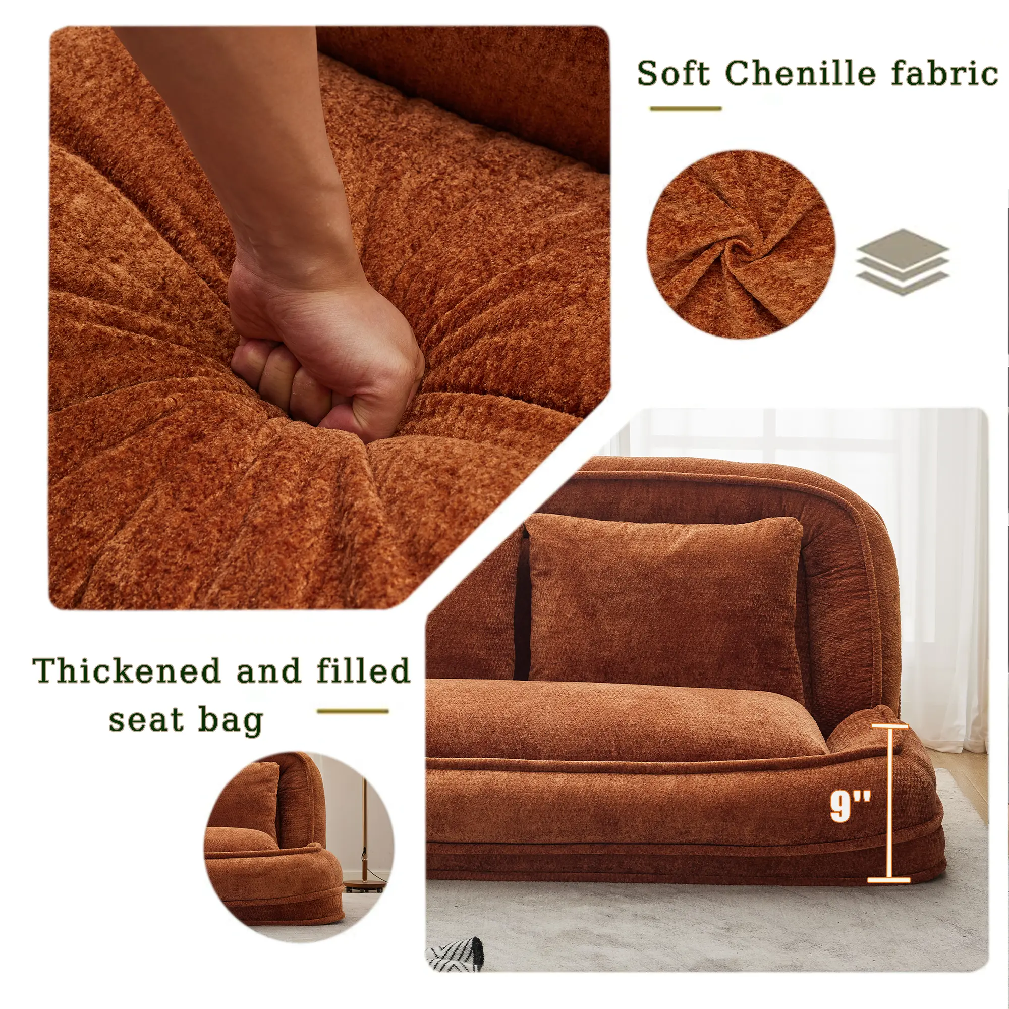 Aukfa Double Human Dog Bed Lazy Sofa Loveseat with Adjustable Backrest, Extra Large 2-Seat Floor Couch with Plump PillowOrange
