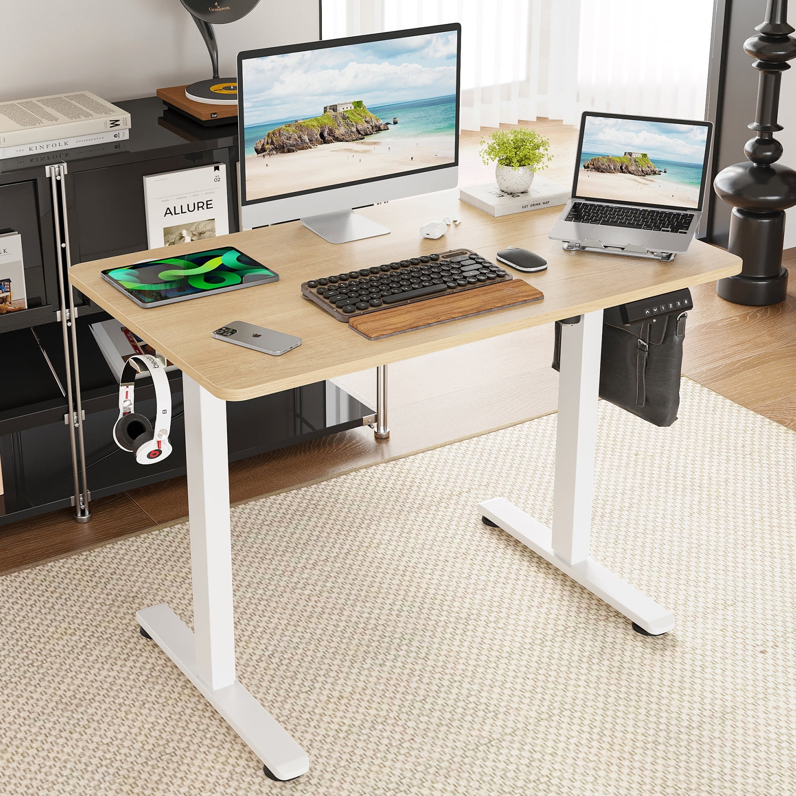 Farini Adjustable Standing Desk for Home Office, 40"x24" Electric Sit-Stand Desk with Splice Board, Nature