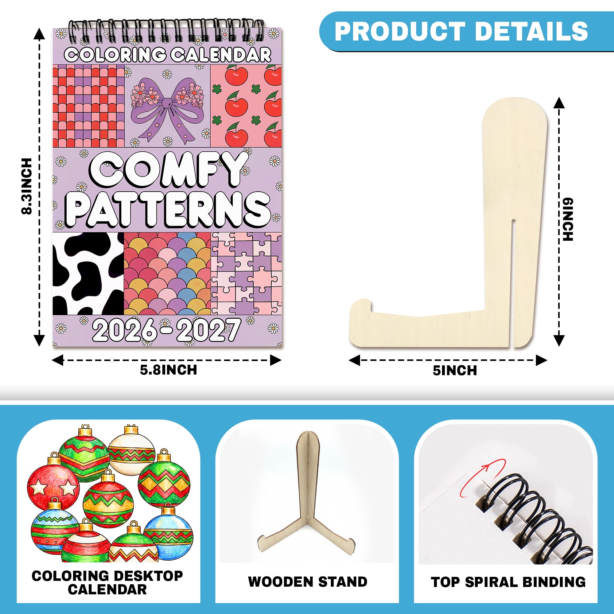 Comfy Patterns Coloring Desk Calendar 2026–2027, A5 Wooden Cover Planner with 26 Easy Coloring Pages for Adult Relaxation, 24 Month Desktop Calendar with Stand, Gift for Family & Friends