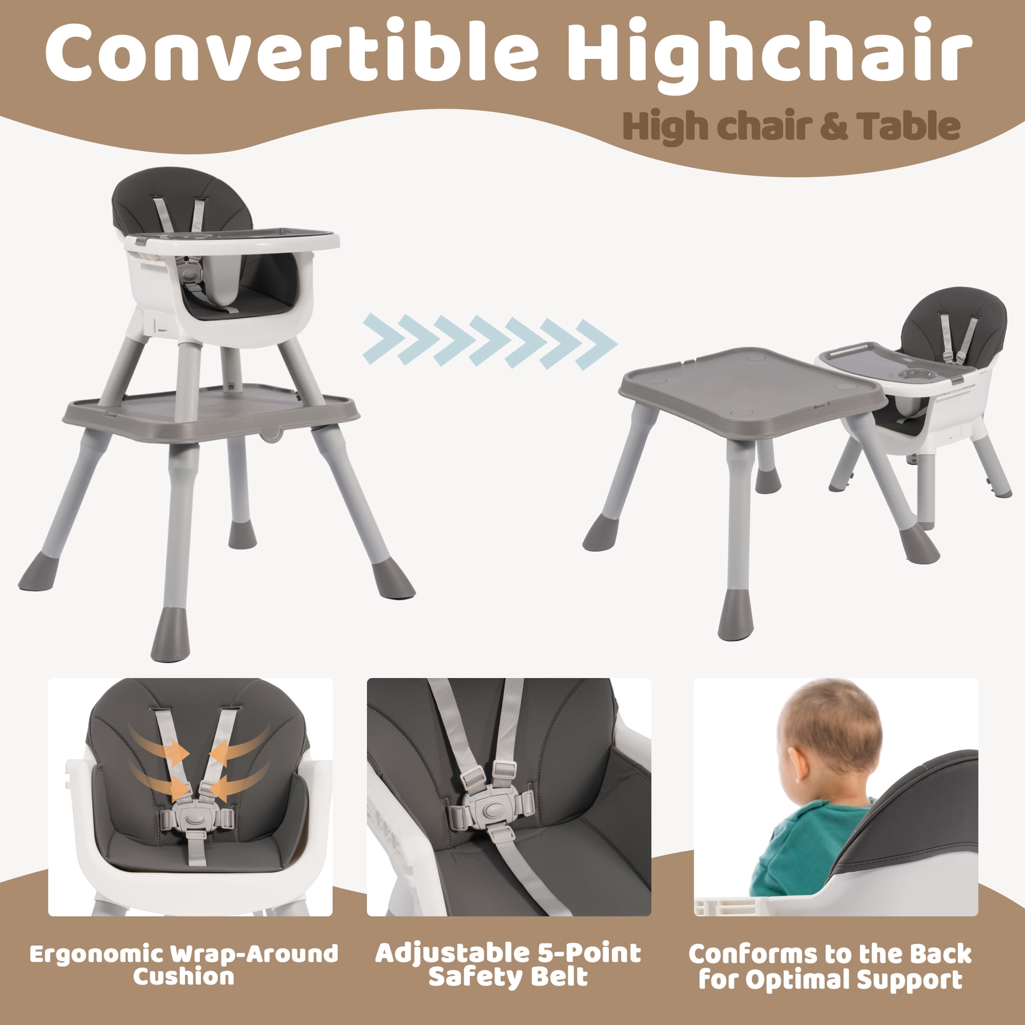 Signature Fitness Plastic Baby High Chair with Tray, Gray-White Feeding Chair for Toddlers