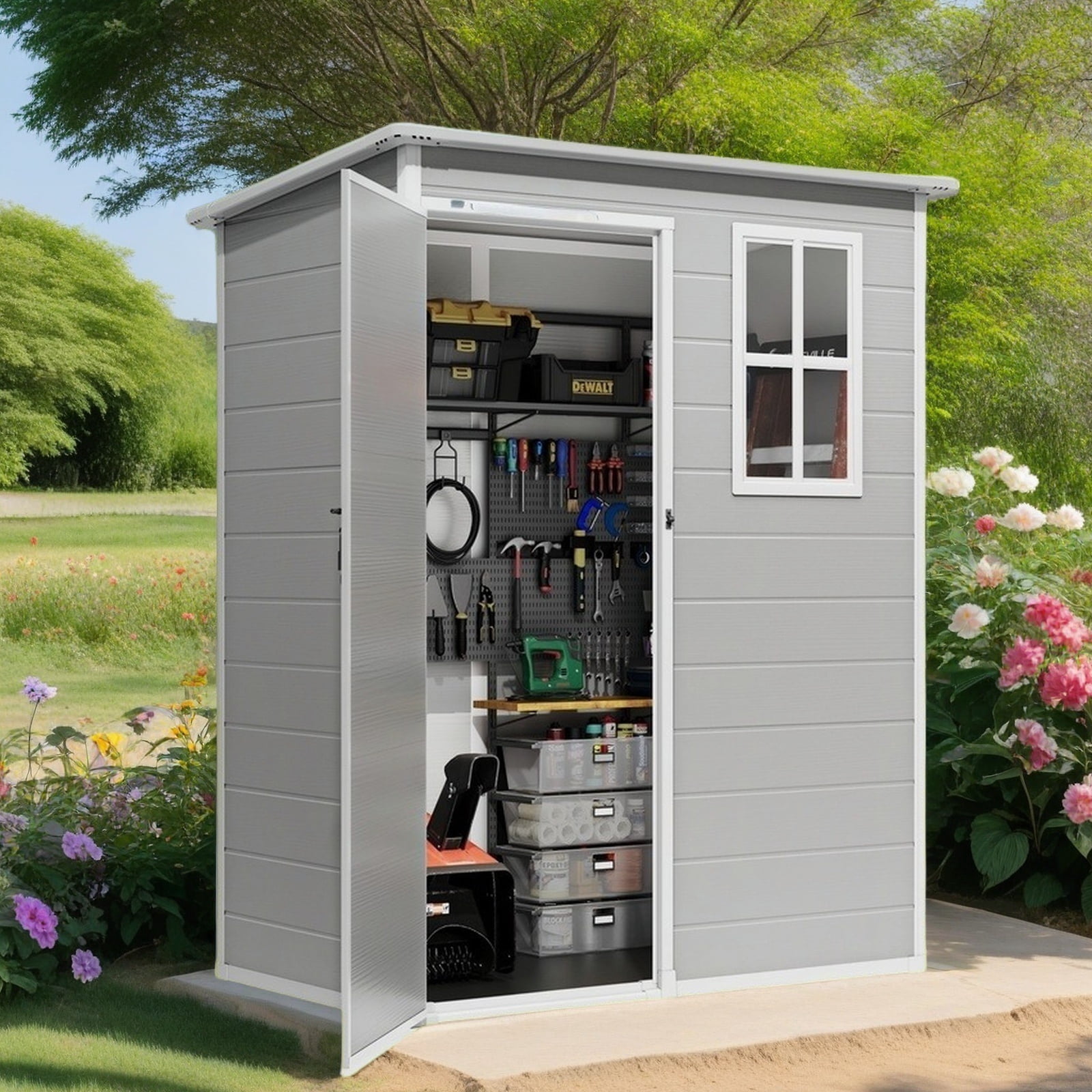 5x3 FT Storage Shed with Floor, Outdoor Plastic Shed with Window for Patio|Garden|Backyard, Grey