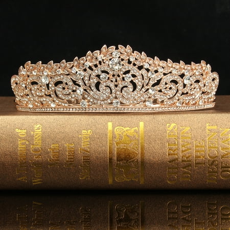 LuckyFine Rose Gold Crystal Bridal Princess Queen Crown And Tiara Hairband for Wedding Party Pageant