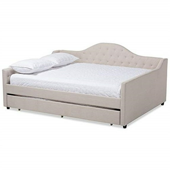 Queen Daybed with Trundle - Tufted Upholstered Bed Frame, Light Beige Coastal Design-Length:142