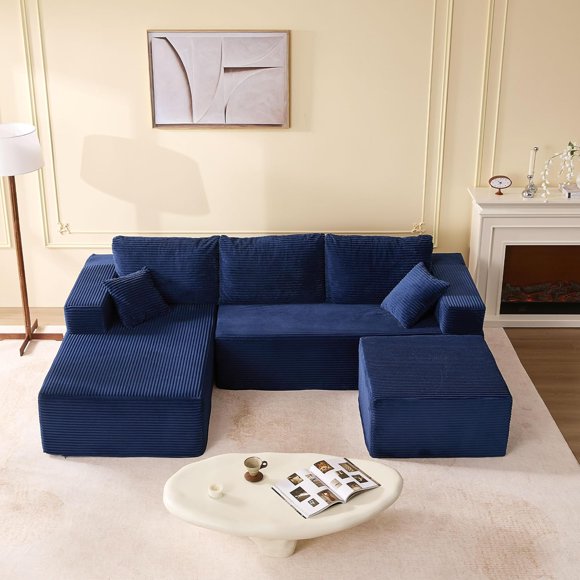 Canapé 107 Po sans os, canapé-lit pour salon avec mousse à mémoire de forme, velours côtelé, 3 Pcs en forme de U à gauche, Bleu