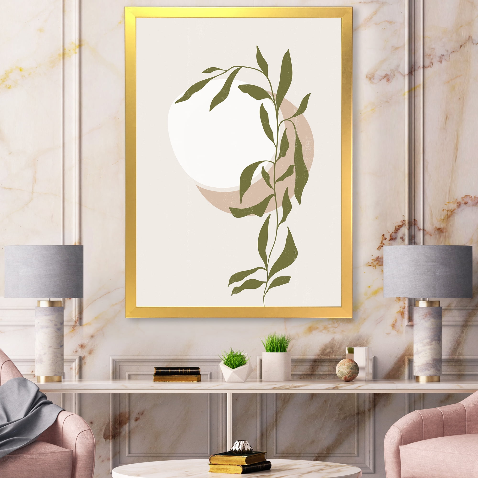 Designart 'Abstract Moon and Sun With Green Leaf III' Modern Framed Art Print