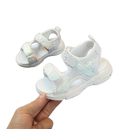 

Summer Breathable Little Girls Sandals Toddlers Sweet Style Sequins Mesh Decoration Soft Sole Non-slip Velcro Beach Shoes