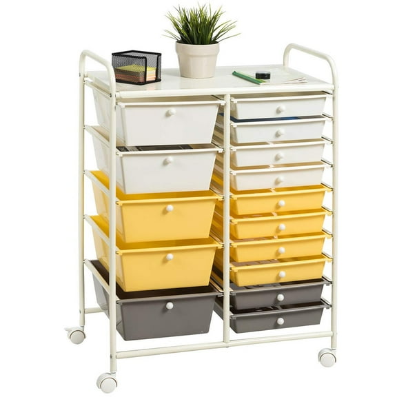 15-Drawer Rolling Storage Cart, Multipurpose Craft Storage with Wheels, Mobile Tools & Scrapbook Paper Organizer for School, Home, Office (Yellow)
