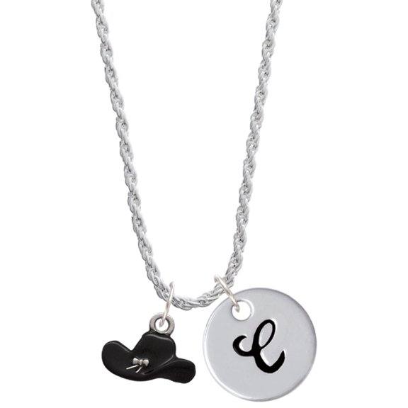 Delight Jewelry Silvertone Black Cowboy Hat Silvertone Script Initial Disc - C - Charm Necklace, 20"+3"