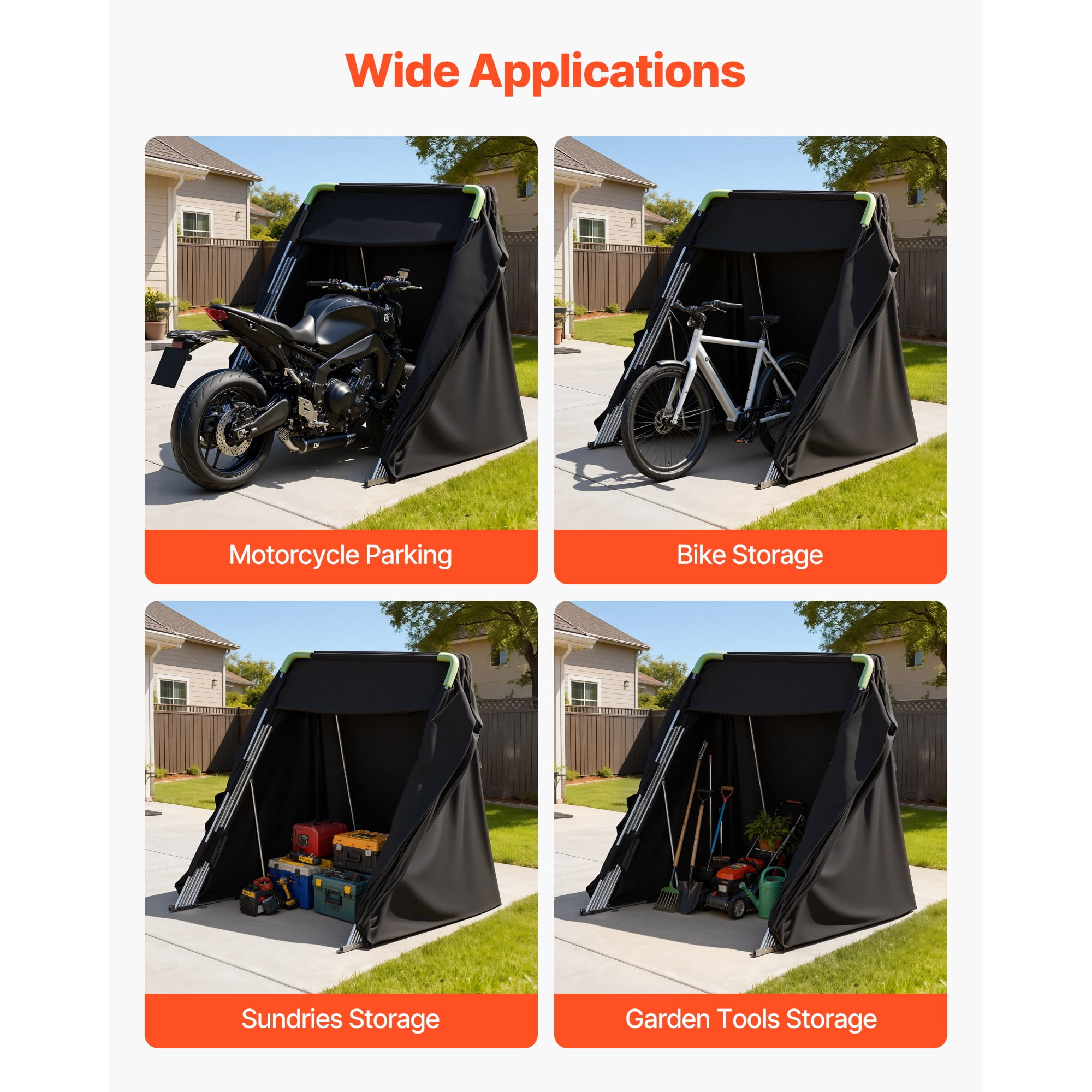 KFFKFF Motorcycle Storage Shelter with Security Lock, 600D Oxford Flip-Up Garage Tent, Durable All-Weather Cover with Ventilation Windows, 136x54x75 in Outdoor Vehicle Shelter, Black