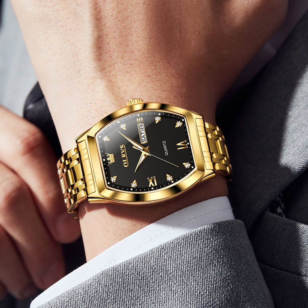 OLEVS Mens Watches Square Business Dress Diamond Analog Quartz Date Luxury Watches for Men Dress Casual Stainless Steel Waterproof Luminous Mens Wrist Watches Gifts Reloj para Hombre Gold/Black Dial