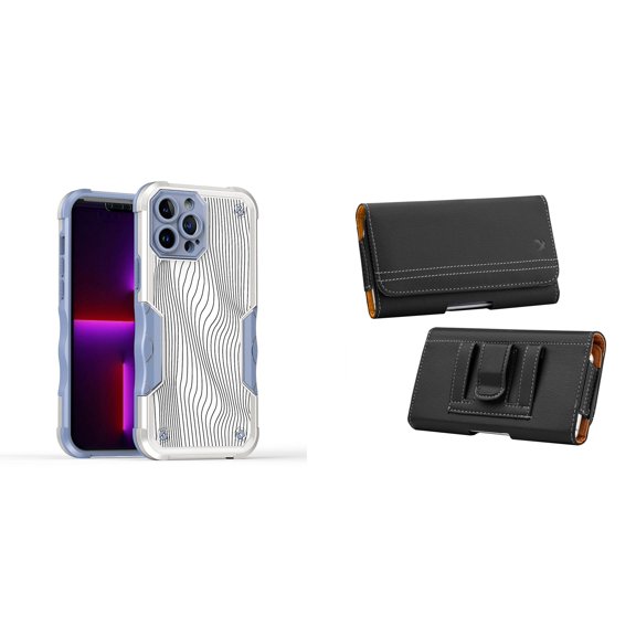 Case and Pouch Bundle for iPhone 14: Heavy Duty Armor Rugged Case (White Swirly Lines) and PU Leather Magnetic Belt Holster