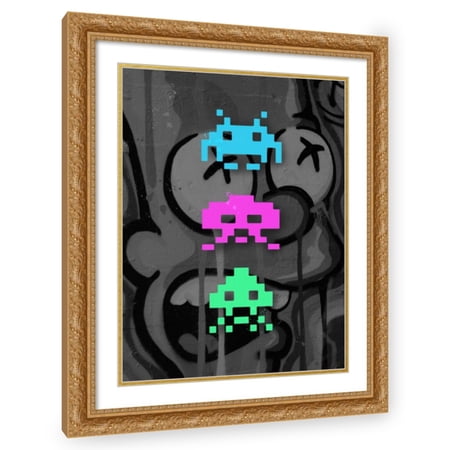 Stephen Chambers 25×32 Gold Ornate Wood Framed With Double Matting Wall Art Titled – 3 Space Invaders Graffiti
