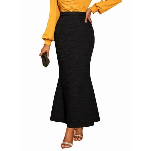 Women'S Black High Waist Bodycon Textured Mermaid Stretchy Long Skirt for Fall Winter L