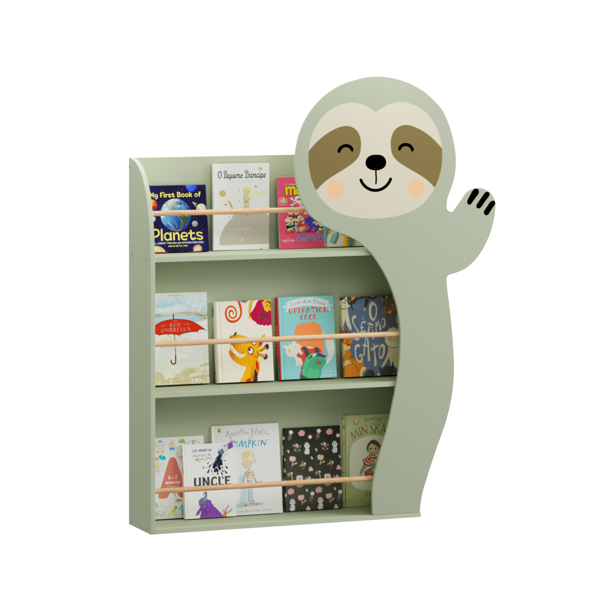Kids Furniture Sloth Kids Bookshelf, Front-Facing Toddler Book Display Rack with 3 Tiers, Cute Animal Design, Wooden Nursery Bookshelf for Playroom, Bedroom & Reading Corner, Safe & Sturdy Storage O