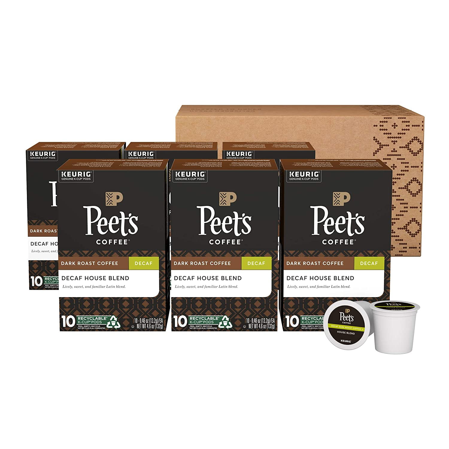 Peet's Coffee Decaf House Blend, Dark Roast, 60 Count Single Serve K