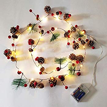 Christmas Garland with Lights, Berry Pinecone 20 LED String Light