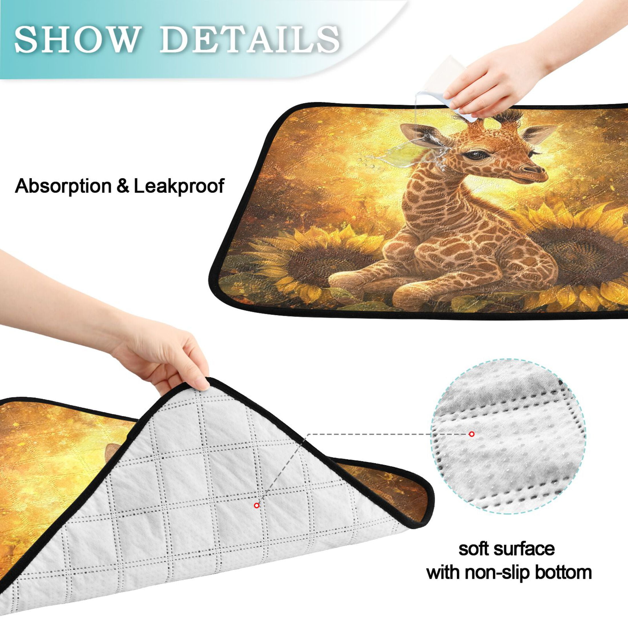 Qxltty Giraffe Sunflower Illustration Cat litter Pads Pet Set of 3 Diaper Mats Center Anti-leakage Layer Absorbent Soft and Comfortable