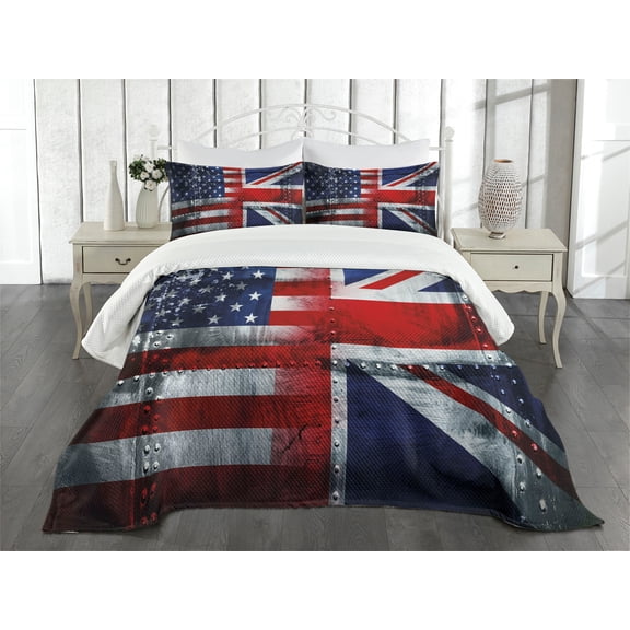 Ambesonne Union Jack Quilted Bedspread Set 3 Pcs, UK and USA Flags Design, King Size, Navy Blue White Red