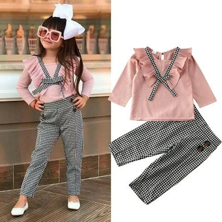 

Qtinghua 2Pcs Toddler Baby Girls Outfits Long Sleeve Ruffle Tops Shirt Plaids Pants Leggings Fall Winter Clothes Pink 3-4 Years