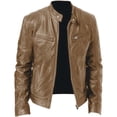 thumbnail image 2 of Autumn Winter Men Stand Collar Zipper Faux Leather Motorcycle Jacket Short Coat, 2 of 9