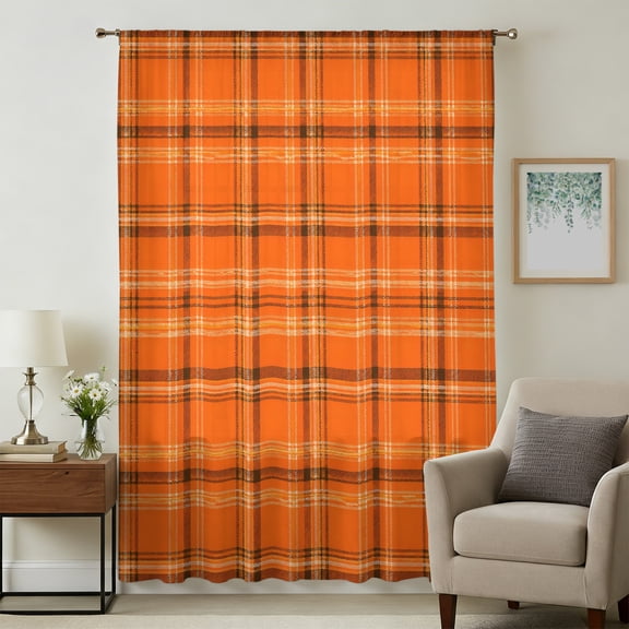 Burnt Orange Buffalo Plaid Sheer Curtains 54" Long, Rustic Farmhouse Striped Check Light Filering Curtains, Breathable Simi Curtain Privacy Drapes for Kitchen Bathroom Nursery Small Window Treatment