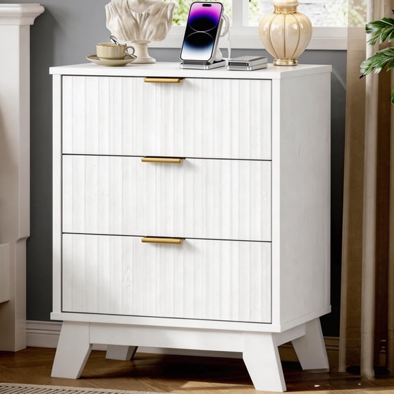 Ktaxon Fluted Nightstand with Charging Station, End Table Wooden Bedside Table Large Capacity Easy to Assemble