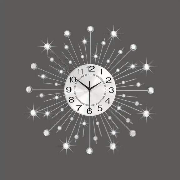 24 Inch Decorative Non-ticking Clock, Living Room Large Wall Clock, Modern Silent Wall Clock, Suitable for Bedroom, Kitchen, Dining Room, Office,Silver Crystal Metal Wall Decoration Suitable for Home