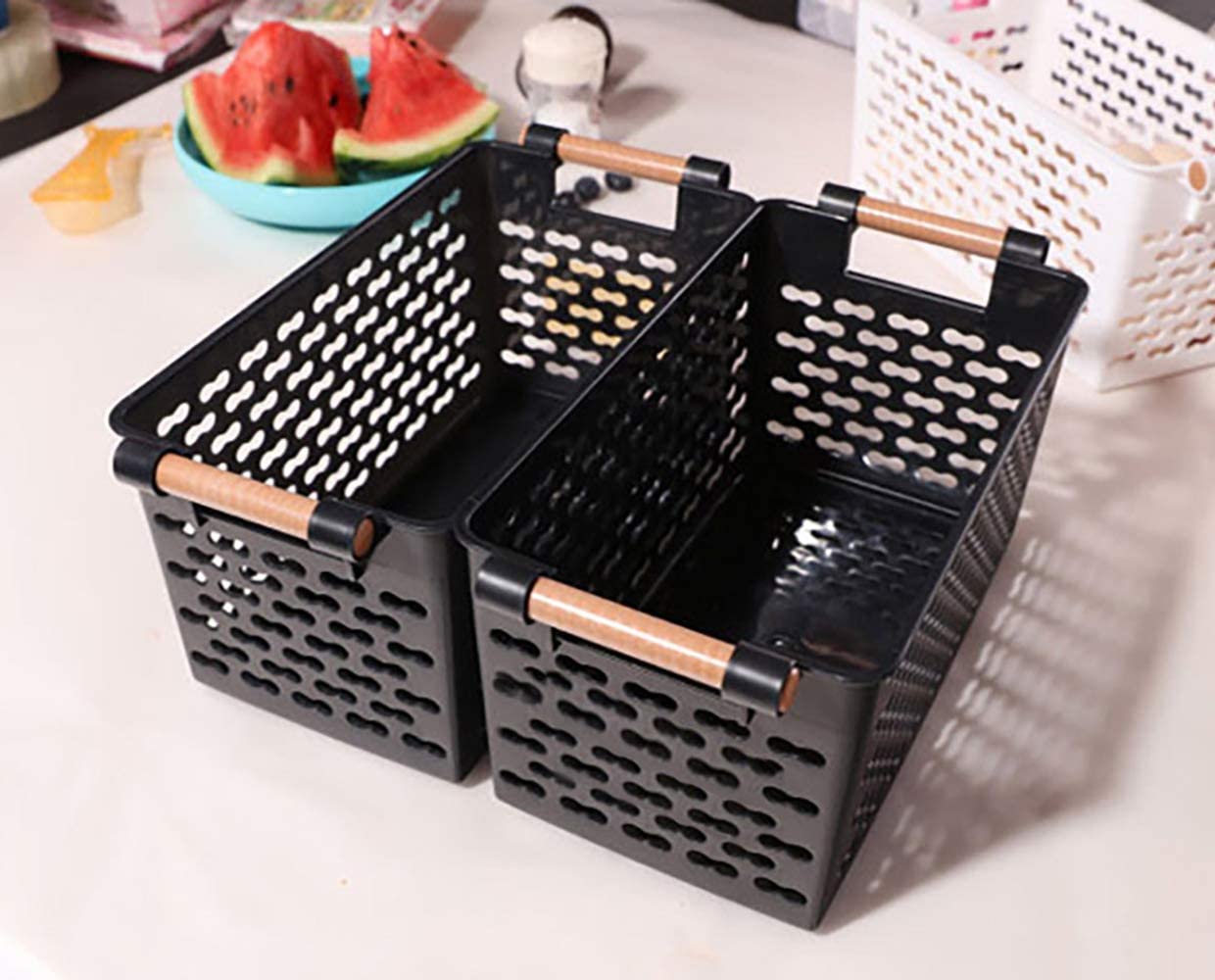 6 Pack Plastic Storage Basket, Black Basket Organizer Bin with Handles for Home Office Closet, 6 x 12 x 5 Inches