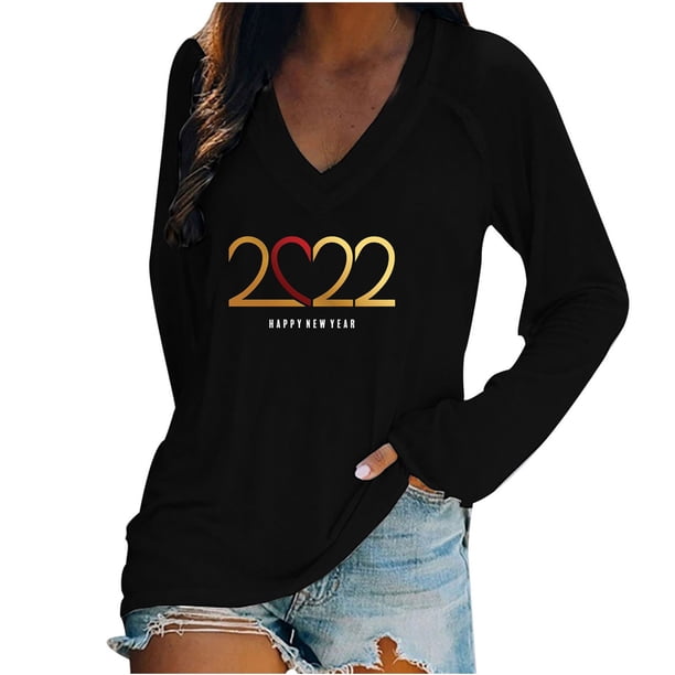 Camiseta de manga larga suelta con cuello en V y estampado informal a la moda para mujer Pompotops gfhjh21022