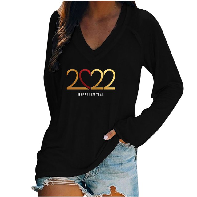 Camiseta de manga larga suelta con cuello en V y estampado informal a la moda para mujer Pompotops gfhjh21020