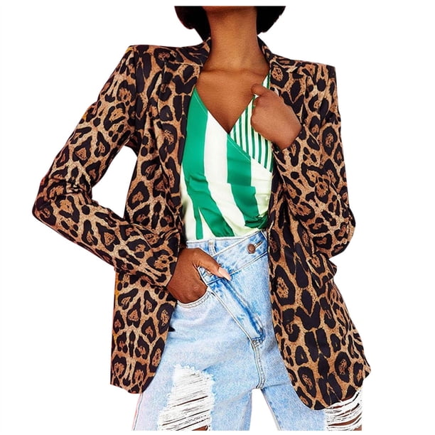 Chaquetas de traje de rayas Damas Casual Vintage Leopard imprimir un solo Button solapa de manga larga Slim traje temperamento Cardigan Coat para el trabajo de Daliy,blazer moda(Marrón, XXL)