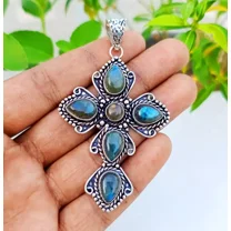 Labradorite Cross Pendant 925 Sterling Silver Handmade Gemstone Jewelry 2.85"