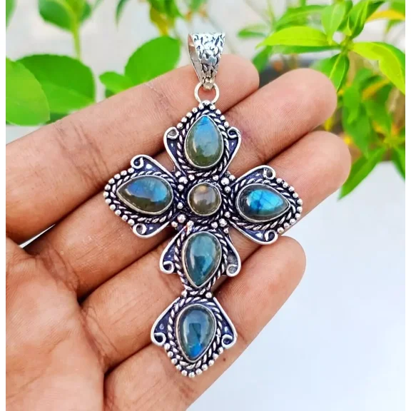 Labradorite Cross Pendant 925 Sterling Silver Handmade Gemstone Jewelry 2.85"